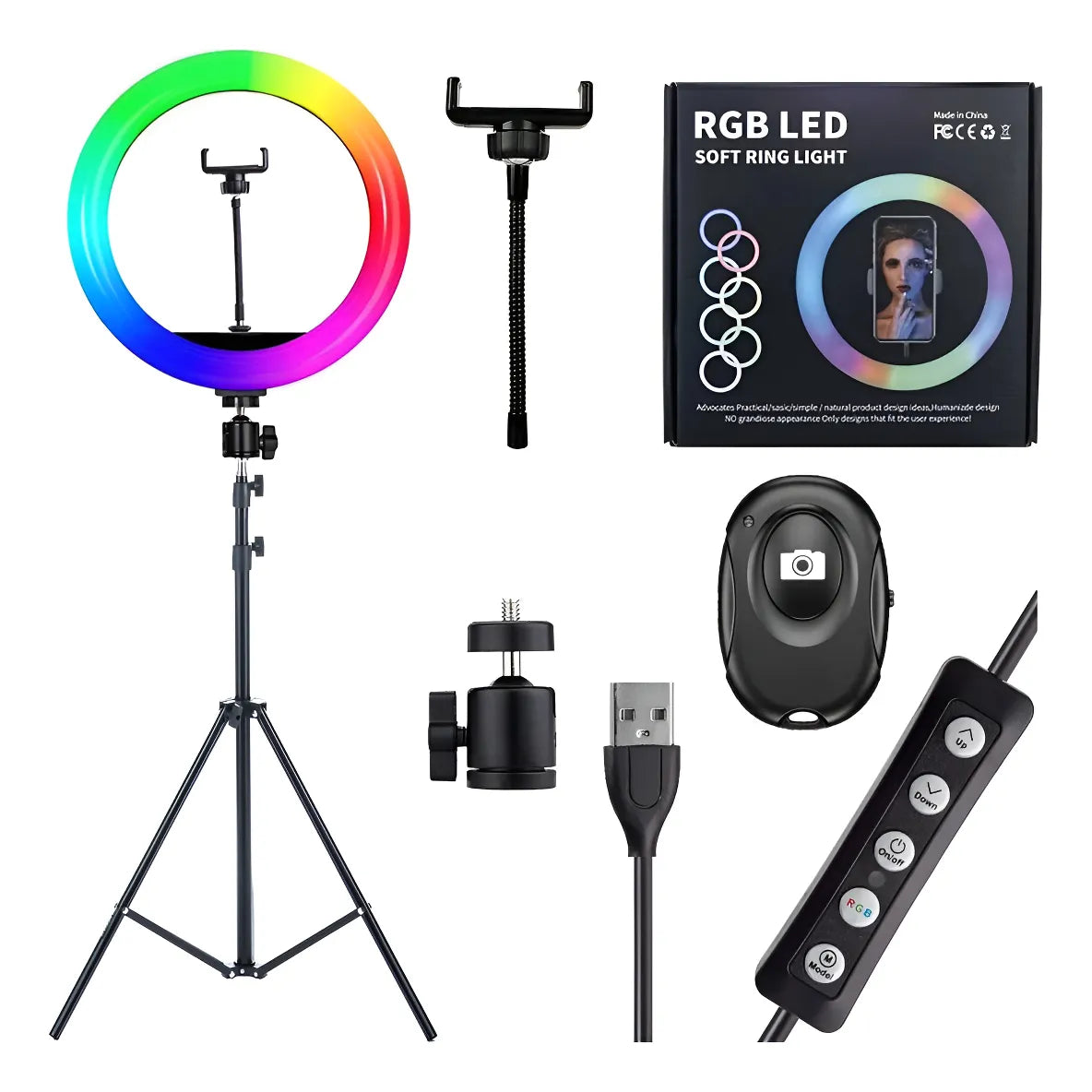 SET TRIPODE ANILLO O ARO LUZ LED COLORES RGB 26CM SELFIE FOTOS YOUTUBERS TIKTOK ZOOM 1.75M