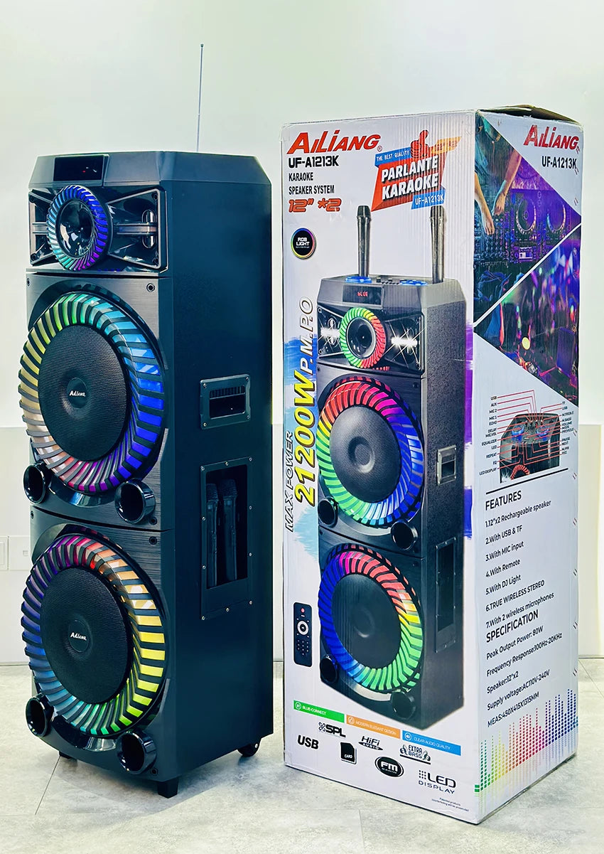Parlante Amplificado Ailiang UF-A1213K – 2x12" con Luces de Llama