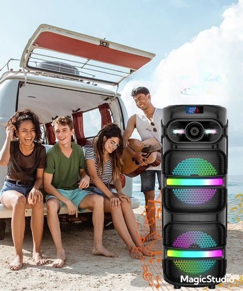 Parlante Portátil 2x8’’ con 3000W PMPO + Micrófono y Luces LED