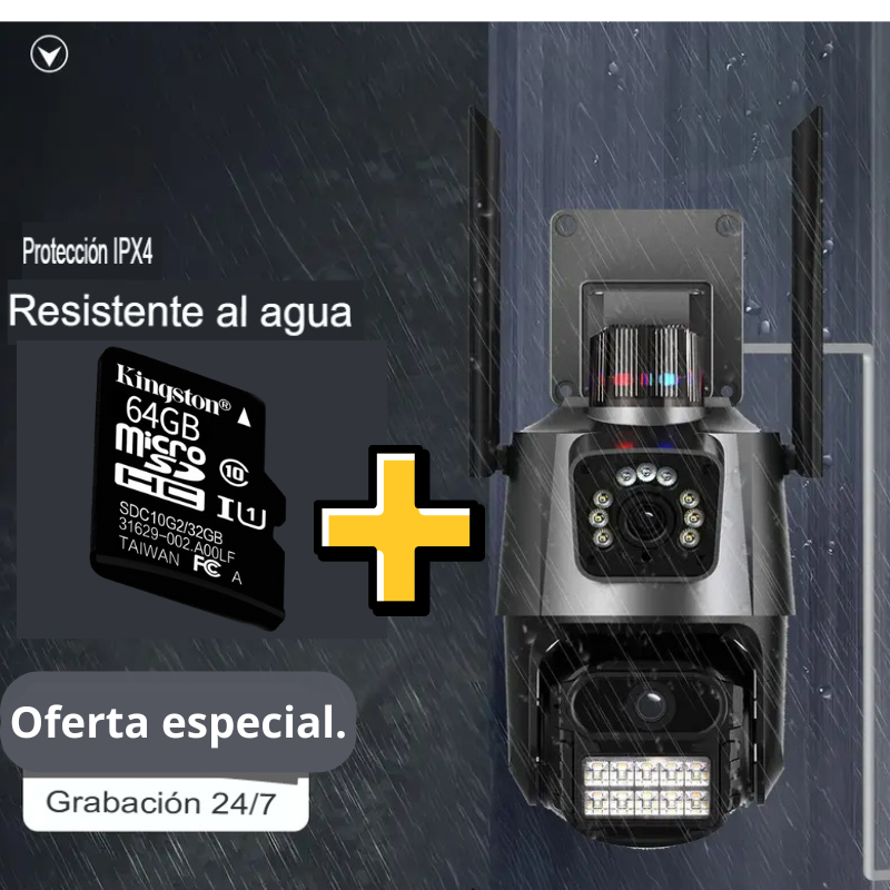 Pack Cámara de Seguridad WiFi Lente Dual + Tarjeta microSD 64GB