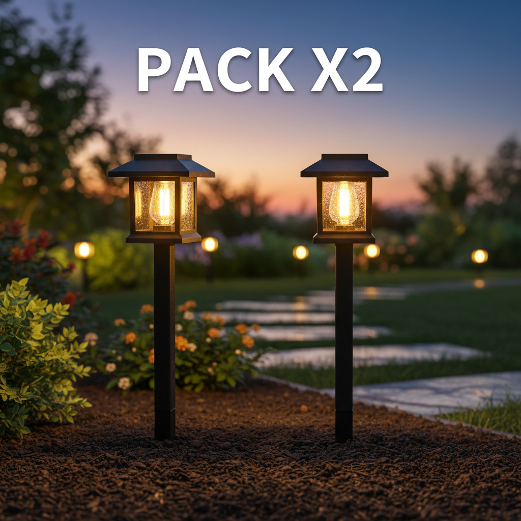 Pack de dos lámparas de jardín negras con estaca encendidas