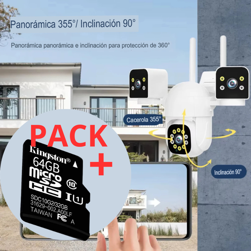 Pack Cámara PTZ WiFi 12MP Triple Lente + microSD 64GB – Ahorrá y Llevate Memoria de Alta Calidad para Grabaciones