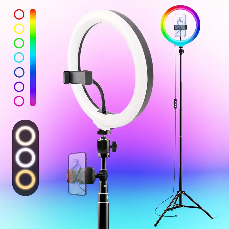 SET TRIPODE ANILLO O ARO LUZ LED COLORES RGB 26CM SELFIE FOTOS YOUTUBERS TIKTOK ZOOM 1.75M