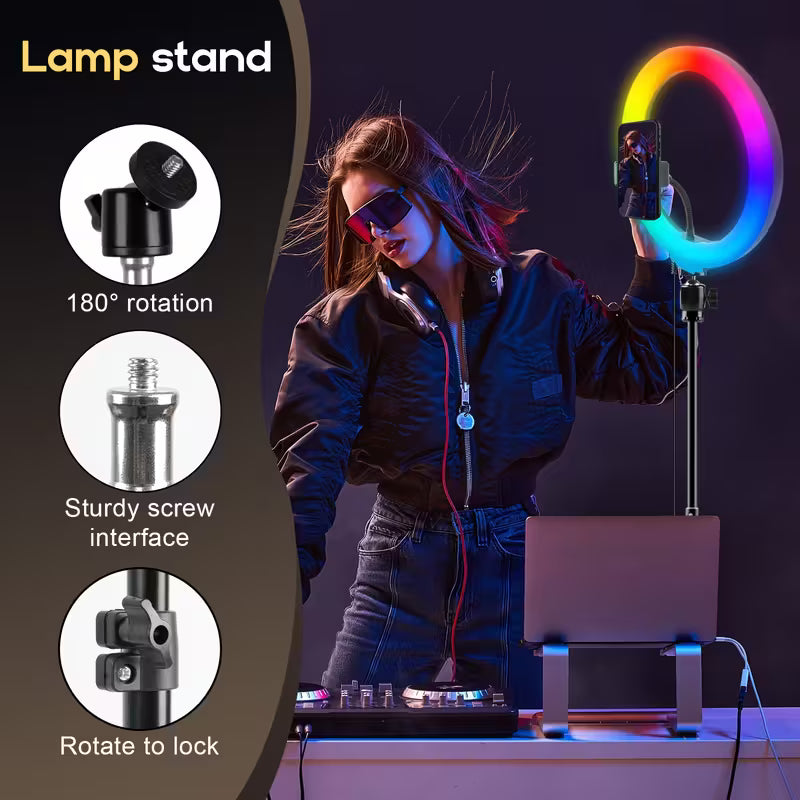 SET TRIPODE ANILLO O ARO LUZ LED COLORES RGB 26CM SELFIE FOTOS YOUTUBERS TIKTOK ZOOM 1.75M