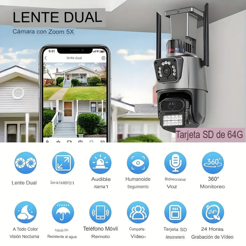 Cámara de Seguridad WiFi Lente Dual con Zoom 5X – Visión 360° HD