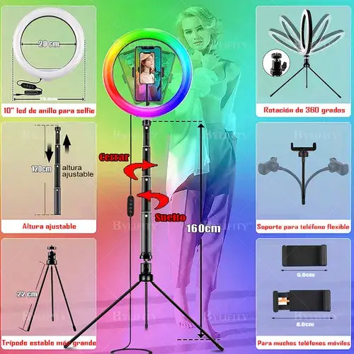 SET TRIPODE ANILLO O ARO LUZ LED COLORES RGB 26CM SELFIE FOTOS YOUTUBERS TIKTOK ZOOM 1.75M