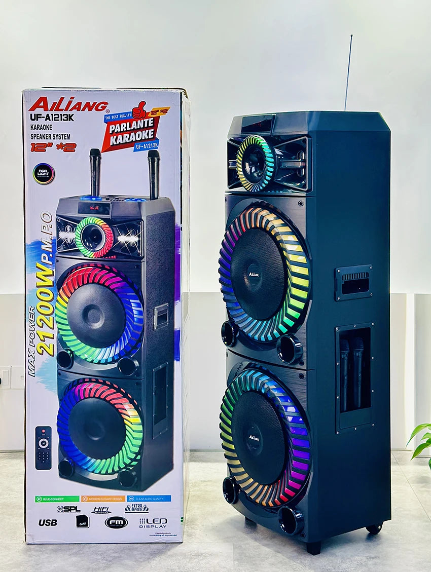 Parlante Amplificado Ailiang UF-A1213K – 2x12" con Luces de Llama