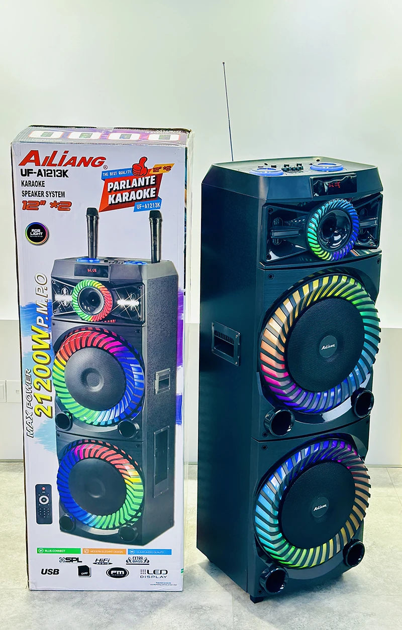 Parlante Amplificado Ailiang UF-A1213K – 2x12" con Luces de Llama